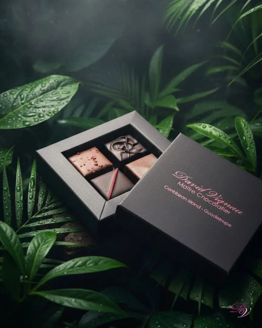 David Vignau, coffret de chocolats dans la végétation